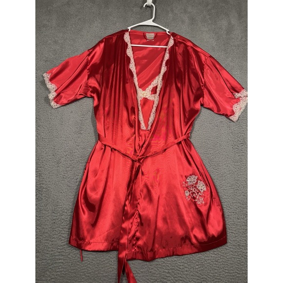 Secret Treasures Other - Vintage Secret Treasures‎ Satin Gown & Robe Red Lace Trimmed Chemise Large L